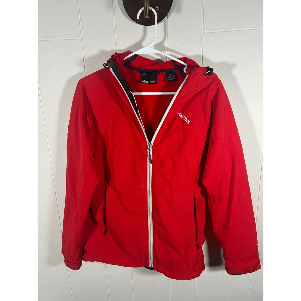 Marmot Mens Red Hooded Softshell Fleece Lined Jacket Size Medium CC-59